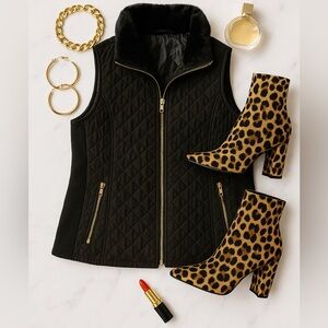 Black Quilted Puff Vest w/ Faux Fur Collar – Gold Zippers XL